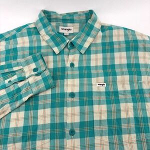 Wrangler Mens XXL Teal White Plaid Short Sleeve Button Down Shirt Casual Western